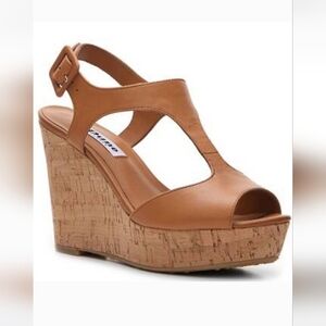 Dune London Leather T Strap Brown Goal Cork Wedge Heeled Sandals Size 38  7.5